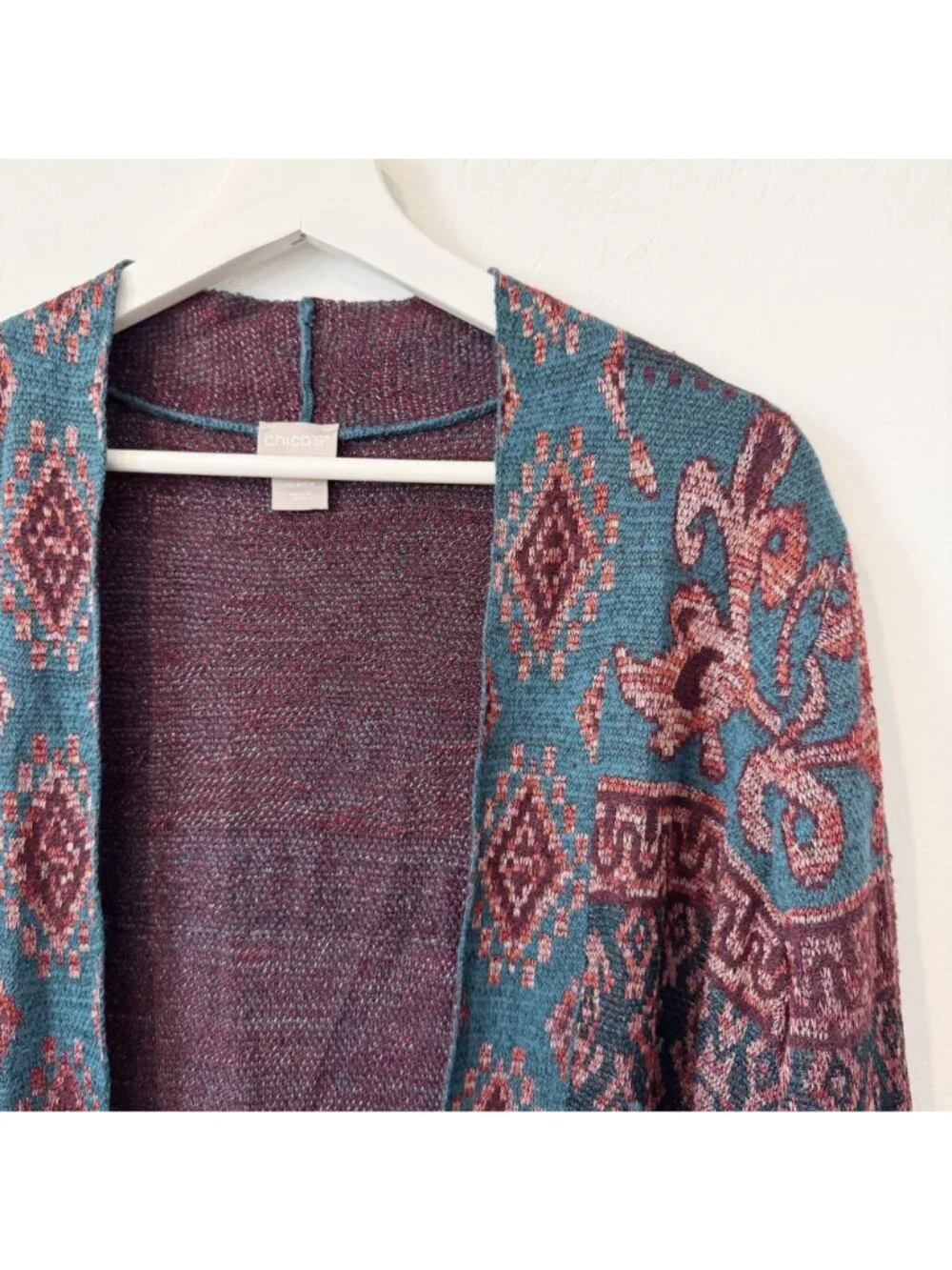 Chico’s Tapestry Jacquard Knit Duster Open‎ Front Cardigan Sweater Boho Medium